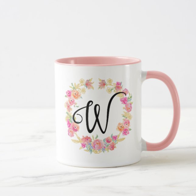 Monogramme rose mou (W) Fleur Flower Wreath Mug (Droite)