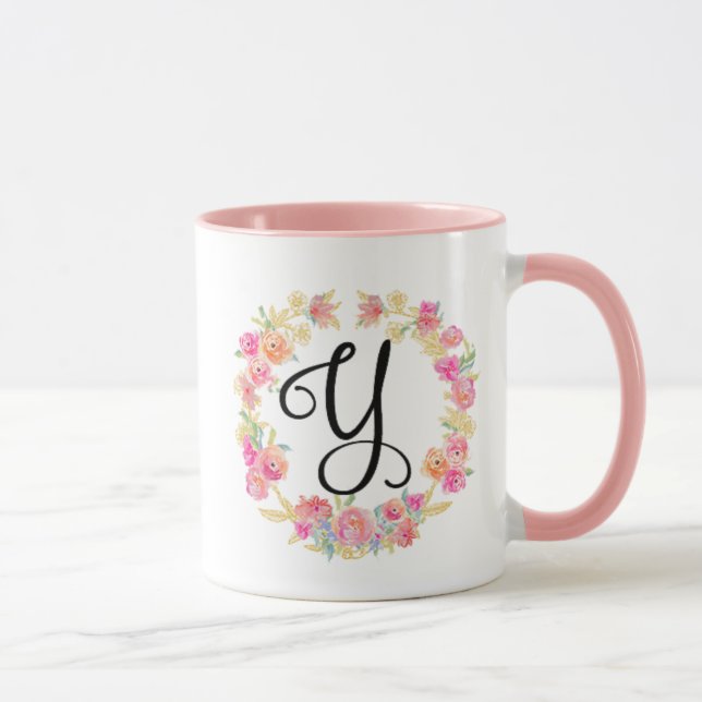 Monogramme rose mou (Y) Fleur Flower Wreath Mug (Droite)