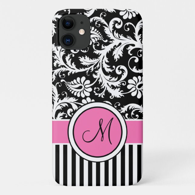 Monogramme rose, noir, blanc Coque Damas rayé (Dos)
