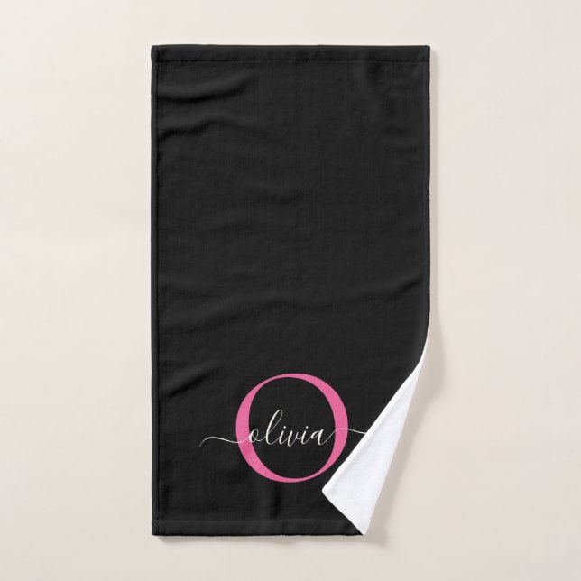 Monogramme rose noir moderne et élégant Nom du scr (Serviette à main)