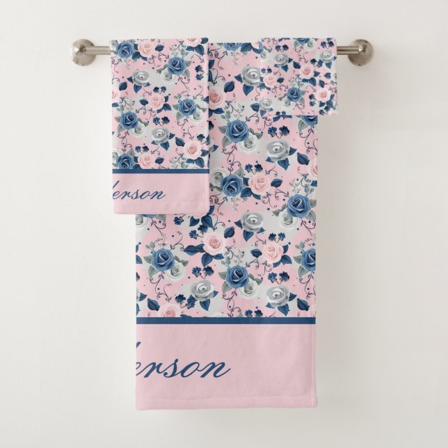 Monogramme Roses Florales Rose Bleu Cadeau Élégant (En situation)