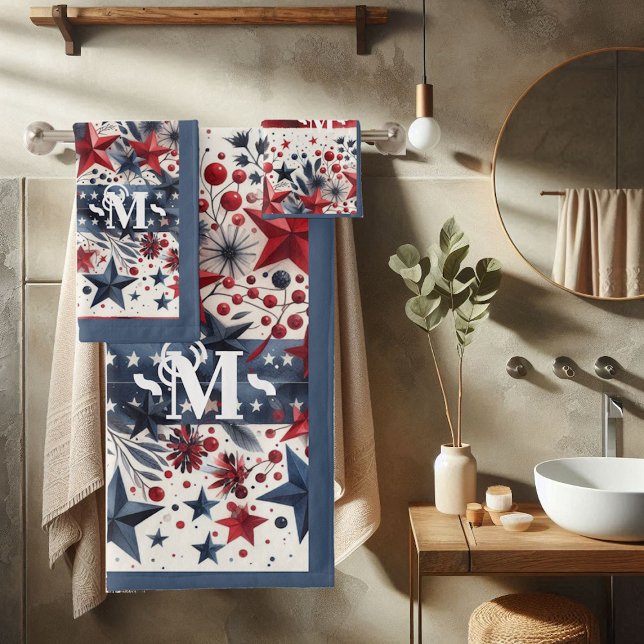 Monogramme rouge blanc et bleu Boho Stars & Stripe (Red White and Blue Boho Stars & Stripes Monogram Bath Towel Set)