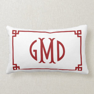 Monogramme rouge Clé grecque Coussin Lumbar
