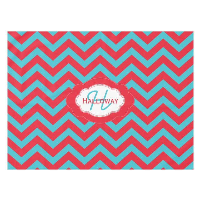 Monogramme Rouge et bleu Chevron Nappe de Noël (Devant (Horizontal))
