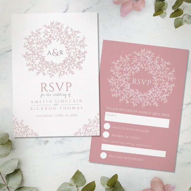 monogramme RSVP mariage à feuille rose vif (Créateur téléchargé)