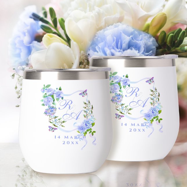 Monogramme ruban Rose Bleue  (Blue Rose Ribbon Monogram Thermal Wine Tumbler)