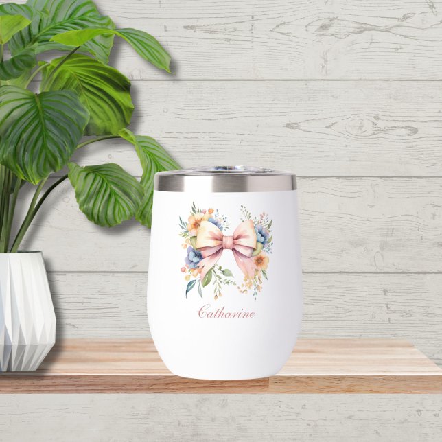 Monogramme Ruban Rose Coquette Fleurs Aquarelle (Pink Bow Coquette Aesthetic, Watercolor Florals Bridesmaid Tumbler)