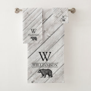 Monogramme rustique Gris Bois marchant Ours Nom de