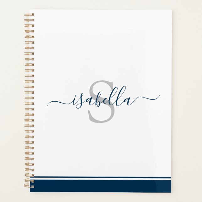 Monogramme Script Moderne Élégant bleu marine (Devant)
