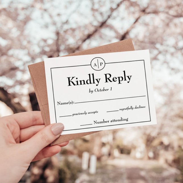 Monogramme simple minimal Carte RSVP de mariage in (simple modern black and white monogram initial rsvp wedding response card)