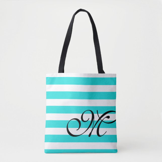 Monogramme & Stripes Beach Blue Aqua Sac fourre-to (Devant)
