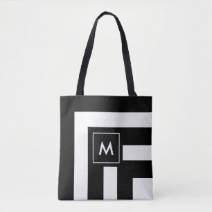 Monogramme sur Sac fourre-tout rayé noir et blanc