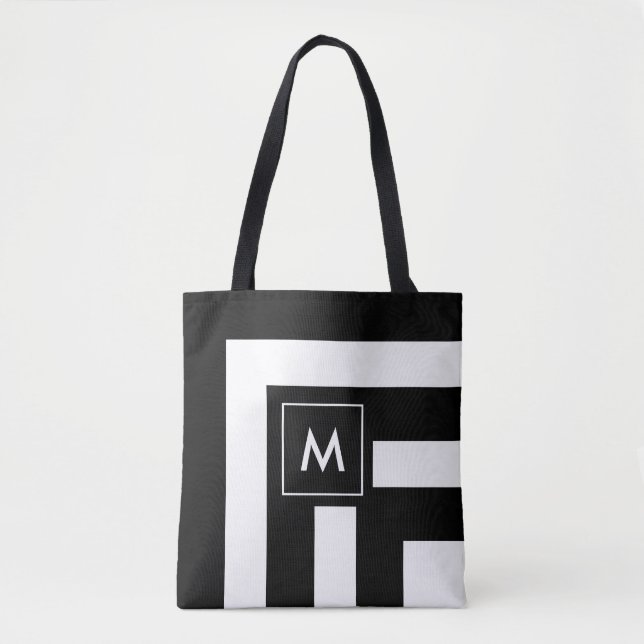 Monogramme sur sac fourre-tout rayé noir et blanc (Devant)