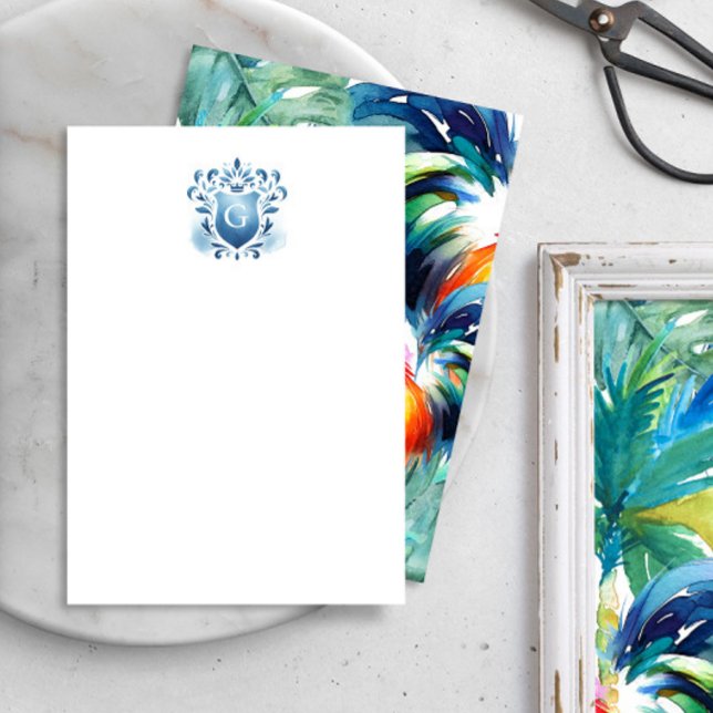 Monogramme Tropical Merci Cartes Majestic Crest (Personalized notecards feature blue watercolor crest with reverse bold and colorful rooster art.)