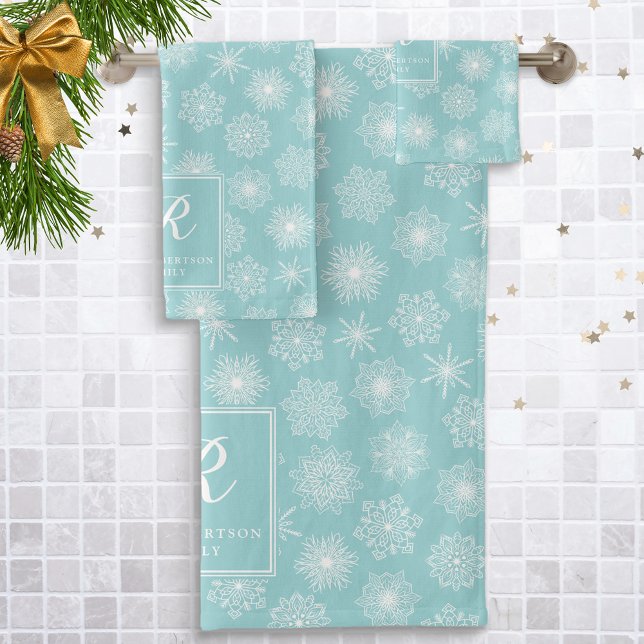 Monogramme Turquoise Aqua Snowflakes Hiver côtier (Créateur téléchargé)
