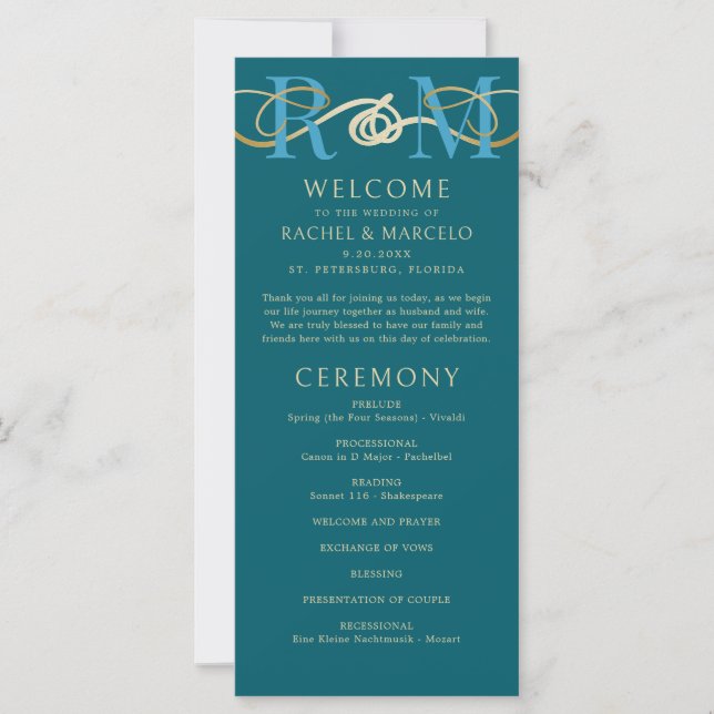 Monogramme Turquoise Aqua Turquoise Wedding Progra (Devant)