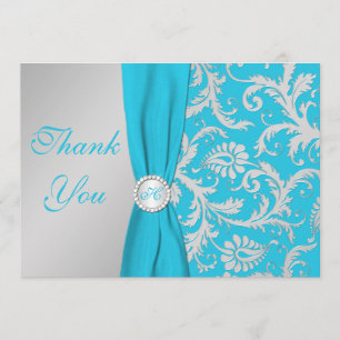 Monogramme Turquoise, Carte de remerciements Argen