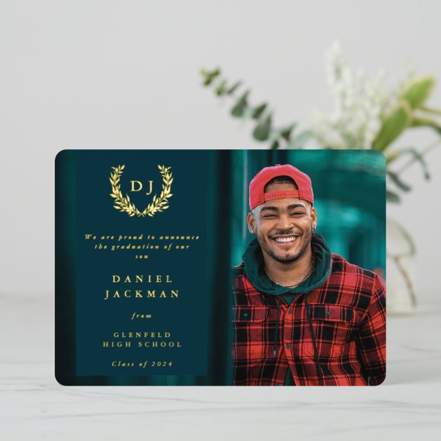 Monogramme turquoise + Faire-part de graduation La (Debout devant)