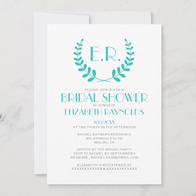 Monogramme Turquoise Invitations de douche nuptial (Devant)