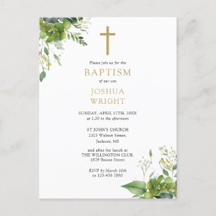 Monogramme vert Baptême Christening Invitation