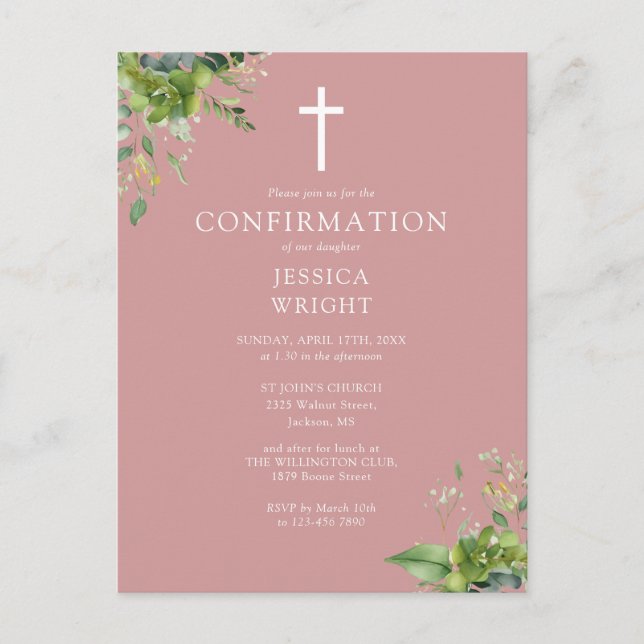 Monogramme vert Confirmation rose Invitation (Devant)