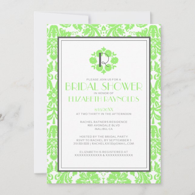 Monogramme vert de chaux Invitations de la Fête de (Devant)