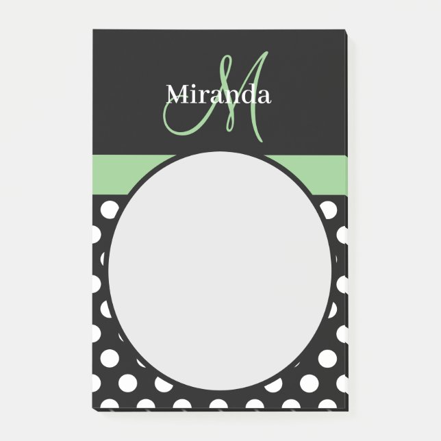 Monogramme vert noir blanc Polka Pot Notes post-it (Devant)