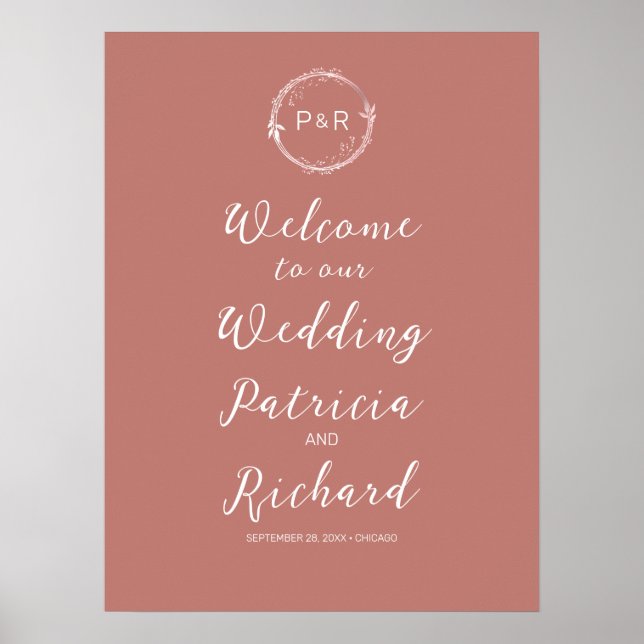Monogramme Vieux Mariage Rose Affiche de bienvenue (Devant)