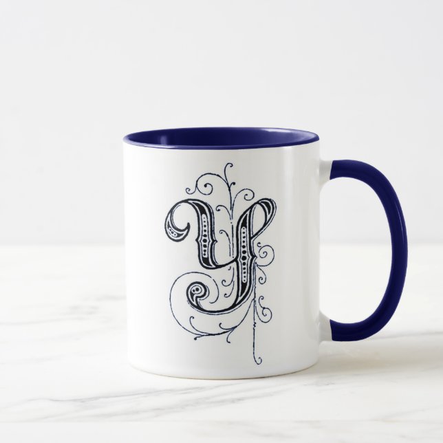 Monogramme Vintage bleu Fancy 'Y' - Mug (Droite)