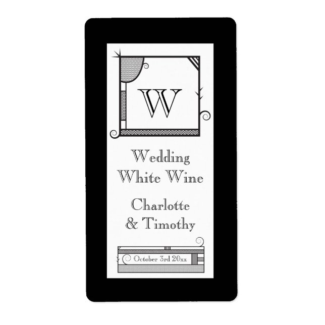 Monogramme Whimsical Étiquette de vin noir et blan (Devant)
