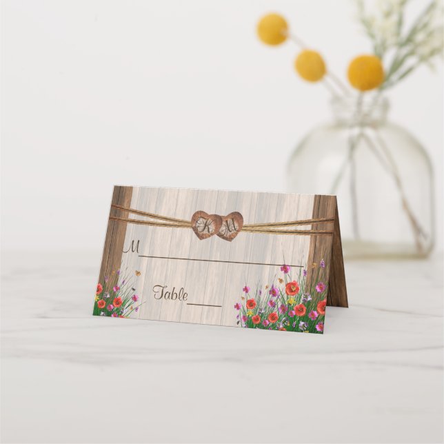Monogramme Wood Heart avec Fleur sauvage | Cartes (Dos)