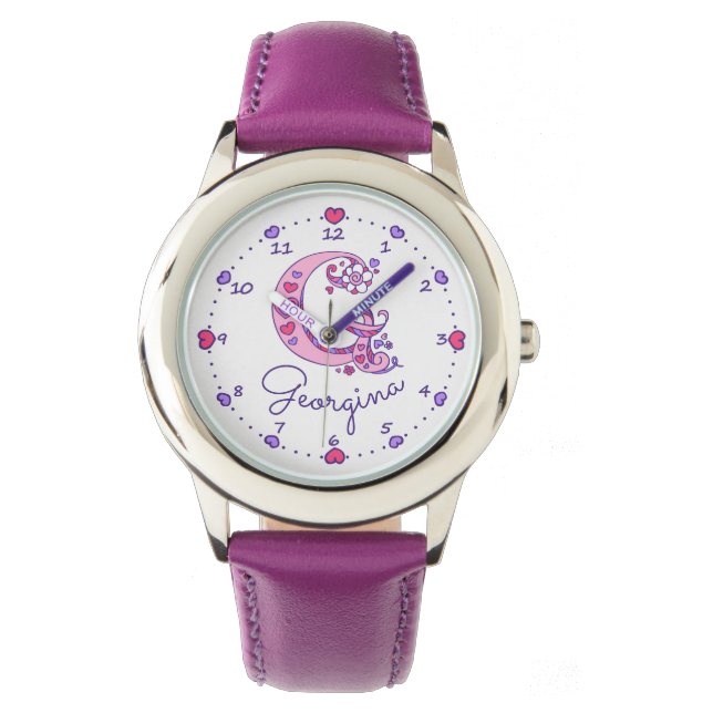 Monogrammes filles G doodé coeur art nom montre (devant)