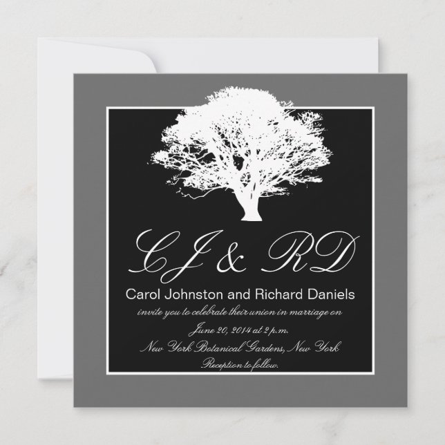 Monogrammes gris noir Invitations de mariage Arbre (Devant)