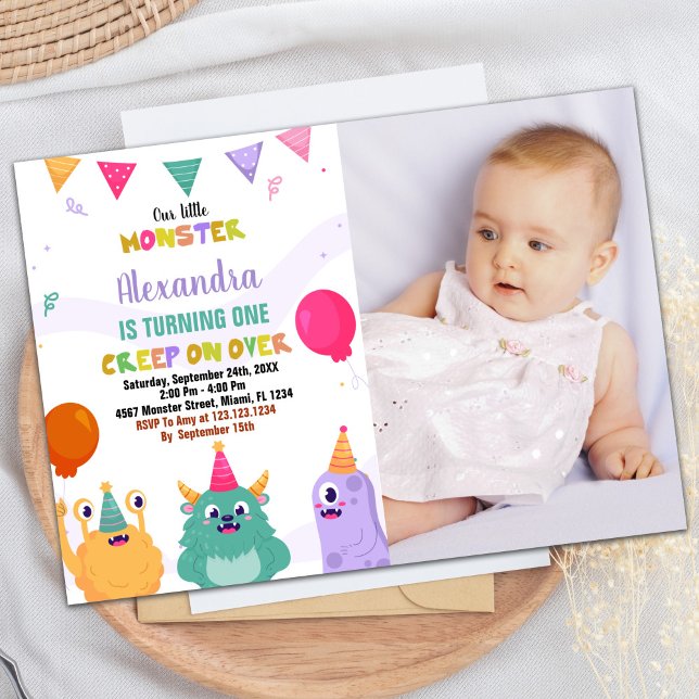 Monster Anniversaire Invitations Ballon rose avec  (Monster Birthday Invitations Pink Ballon w photo)