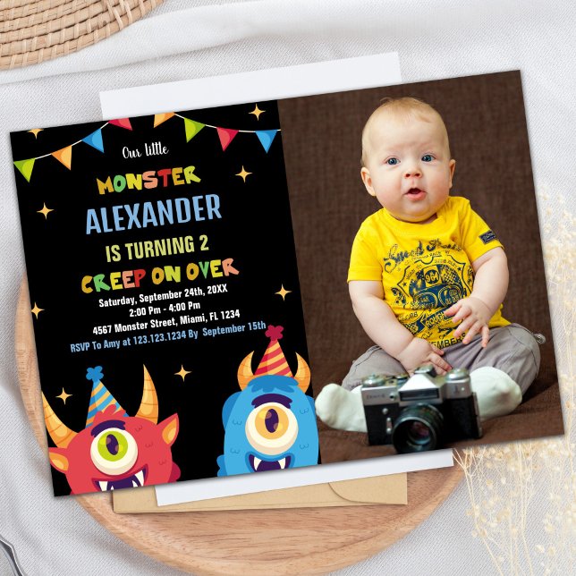 Monster Anniversaire Invitations Couleur Drapeaux  (Monster Birthday Invitations Colour Flags w photo)
