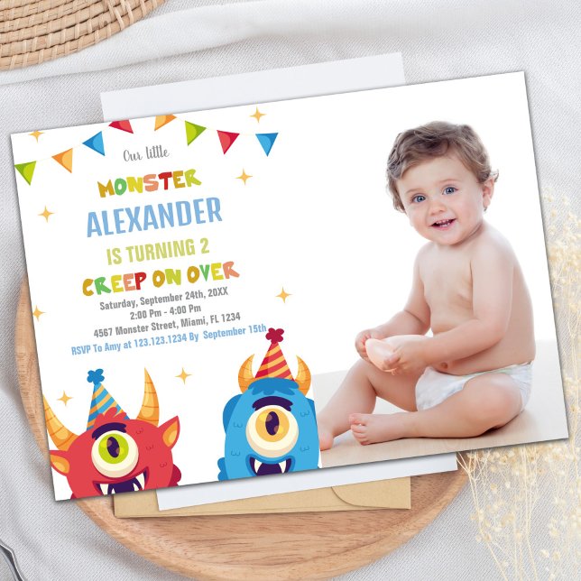Monster Anniversaire Invitations Couleur Drapeaux  (Monster Birthday Invitations with photo)