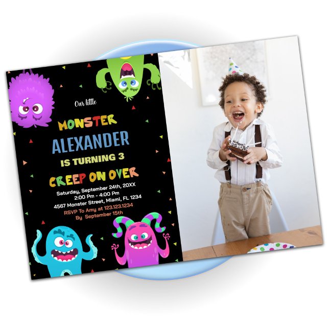 Monster Anniversaire Invitations Green Black photo (Monster Birthday Invitations Green Black photo)