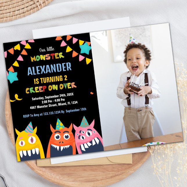 Monster Anniversaire Invitations Photo noir (Monster Birthday Invitations Black photo)