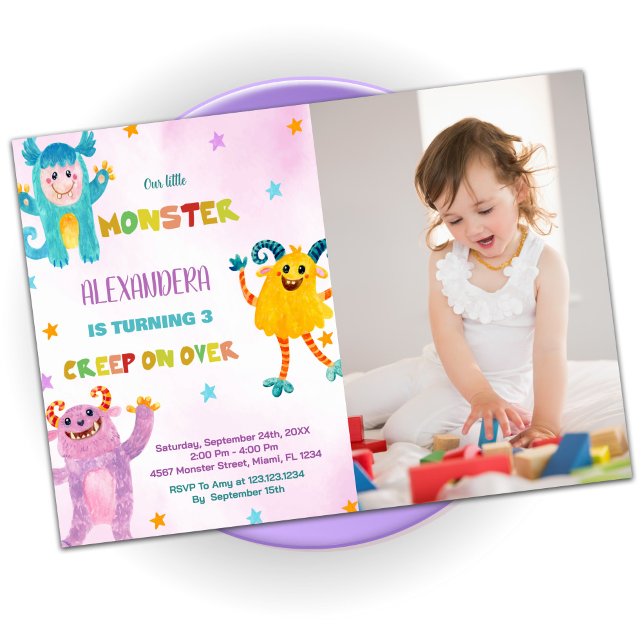 Monster Anniversaire Invitations rose violet avec  (Monster Birthday Invitations pink purple w Photo)