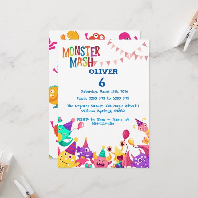 Monster Mash Birthday Invitation - Kids Party (Devant/Arrière en situation)