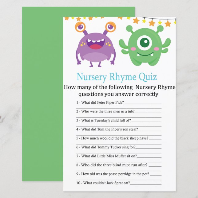 Monster Nursery Rhyme Quiz jeu de baby shower (Devant / Derrière)