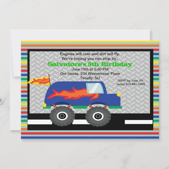 Monster Truck avec flammes Invitation d'anniversai (Devant)