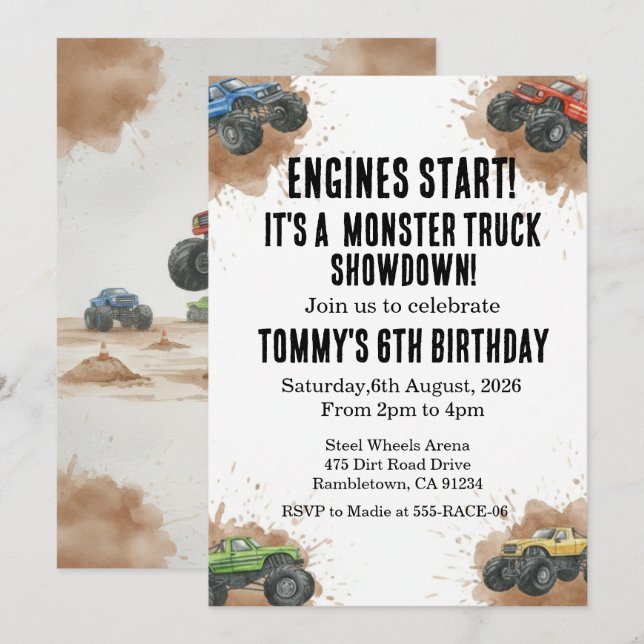 Monster Truck Birthday Invitation (Devant / Derrière)