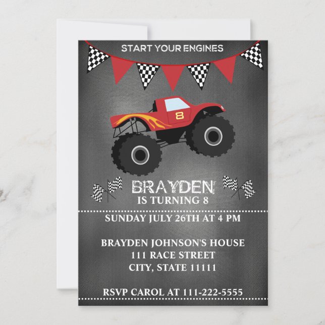 Monster Truck Chalkboard Invitation d'anniversaire (Devant)