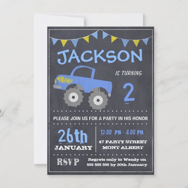 Monster Truck Chalkboard Invitation d'anniversaire (Devant)