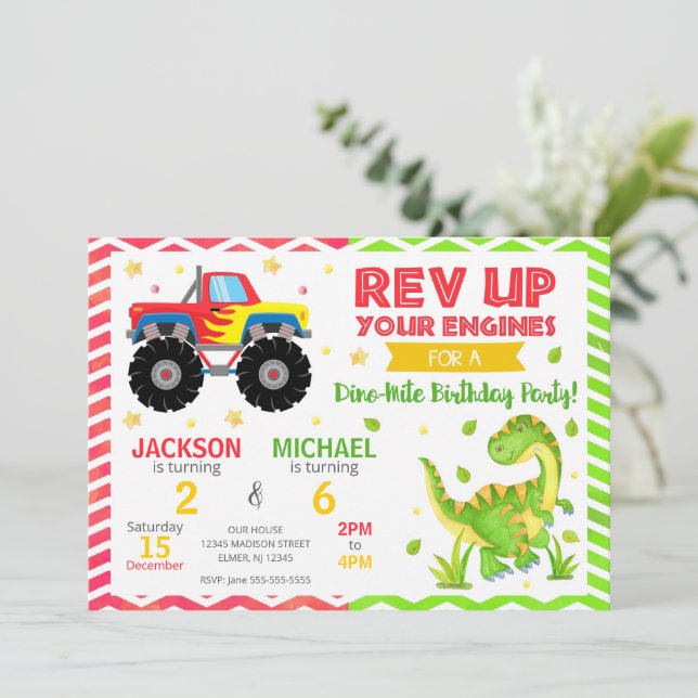 Monster Truck & Dinosaur Joint Birthday Invitation (Debout devant)