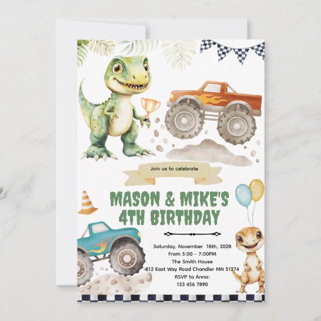 Monster truck dinosaur theme invitation (Devant)