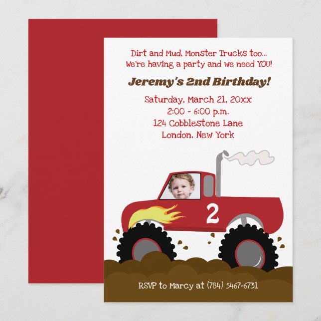 Monster Truck Invitation Anniversaire Rouge avec p (Devant / Derrière)