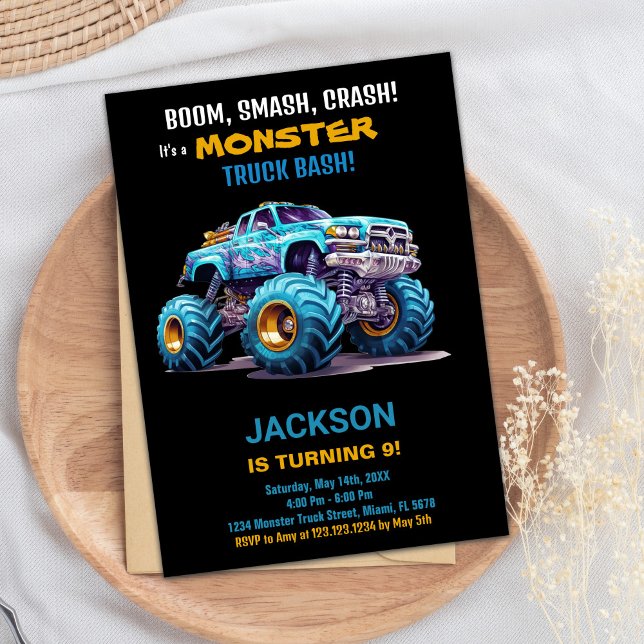 Monster Truck Invitations Anniversaire Bleu noir (Monster Truck Birthday Invitations Blue Black)
