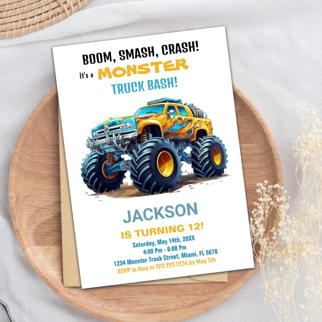 Monster Truck Invitations Anniversaire Jaune (Monster Truck Birthday Invitations Yellow)